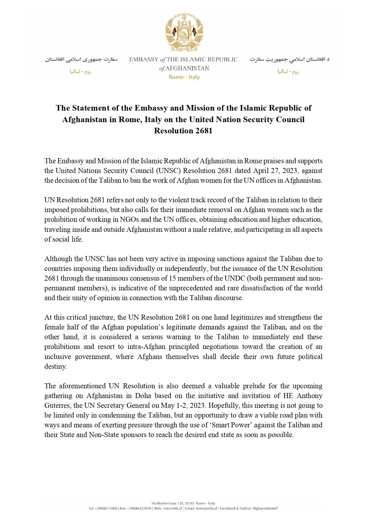 The Statement of the Embassy and Mission of the Islamic Republic of Afghanistan in Rome, Italy on the United Nation Security Council  Resolution 2681