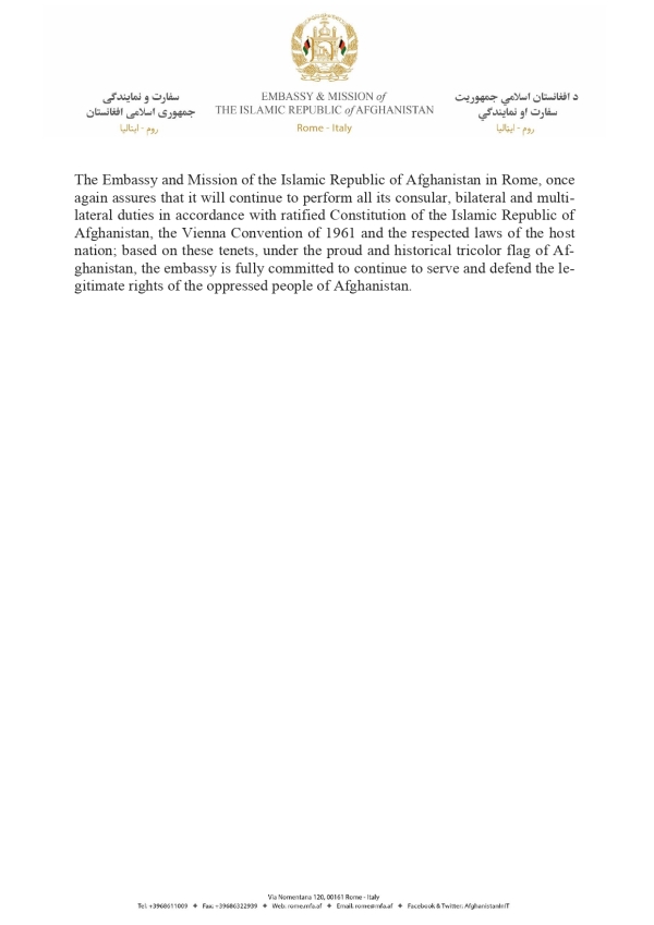 Statement Regarding the Official Engagement of the Consular Affairs Section of the Embassy and Mission of the Islamic Republic of Afghanistan in Rome-Italy with the Taliban Regime