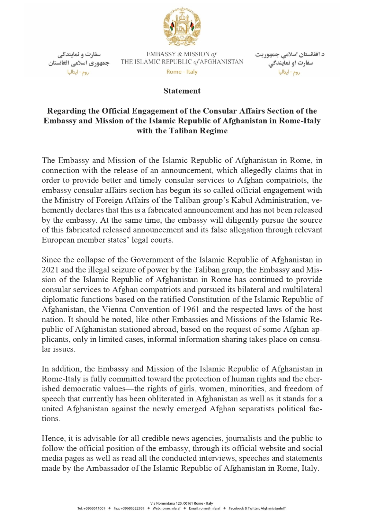 Statement Regarding the Official Engagement of the Consular Affairs Section of the Embassy and Mission of the Islamic Republic of Afghanistan in Rome-Italy with the Taliban Regime